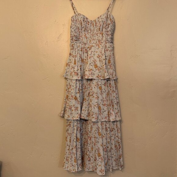 Lulu's Cascading Crush Pale Blue Floral Print Tiered Bustier Midi Dress Size SM - Picture 4 of 8
